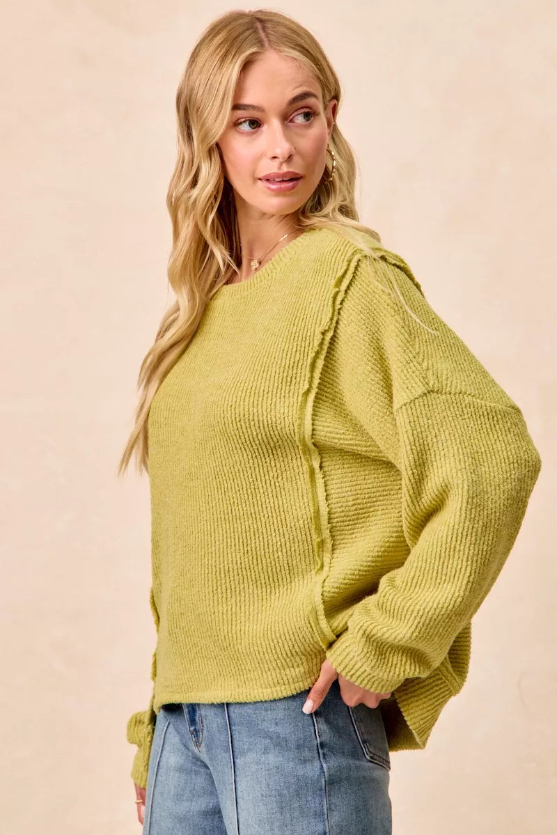 Boucle Rib Knit Uneven Hem Sweater With Open Seam