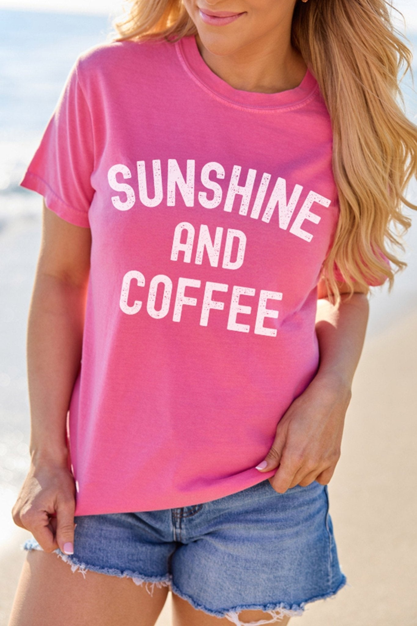 Sachet Pink SUNSHINE AND COFFEE Summer Beachwear Graphic Tee - Loving It Shop