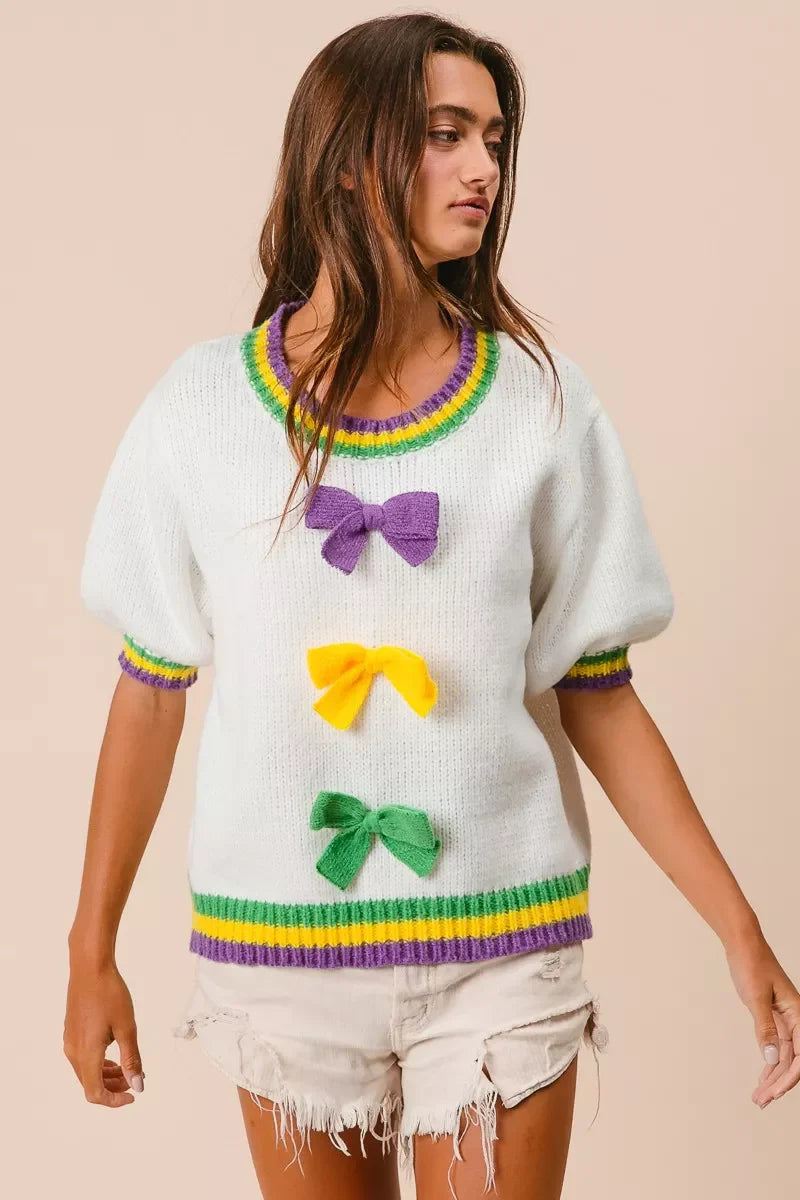 Short Puff Sleeve Ribbon Bow Mardi Gras Sweater