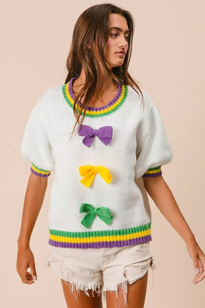 Short Puff Sleeve Ribbon Bow Mardi Gras Sweater