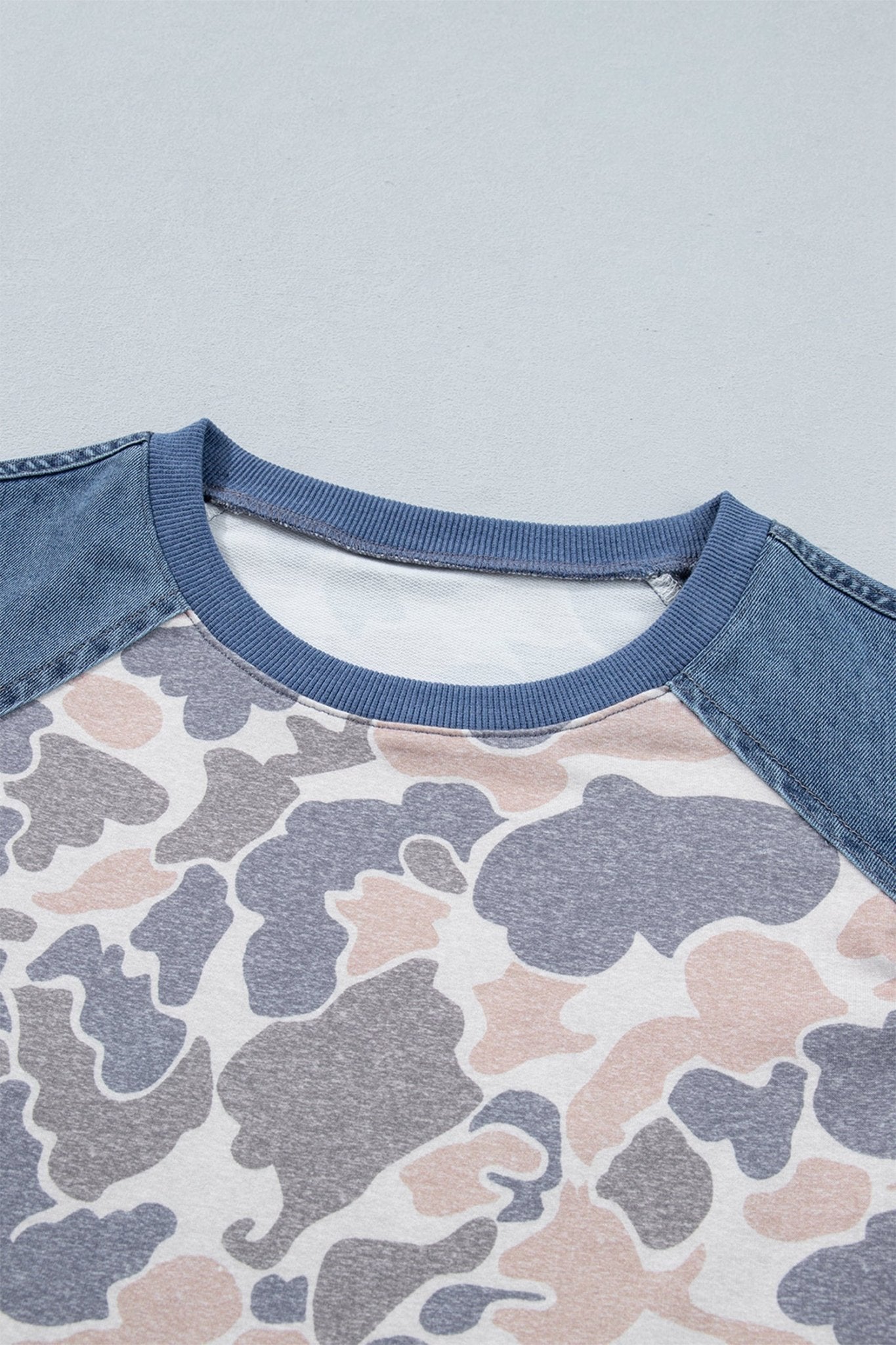 Multicolour Camouflage Print Denim Color Block Sleeve Casual Tee - Loving It Shop