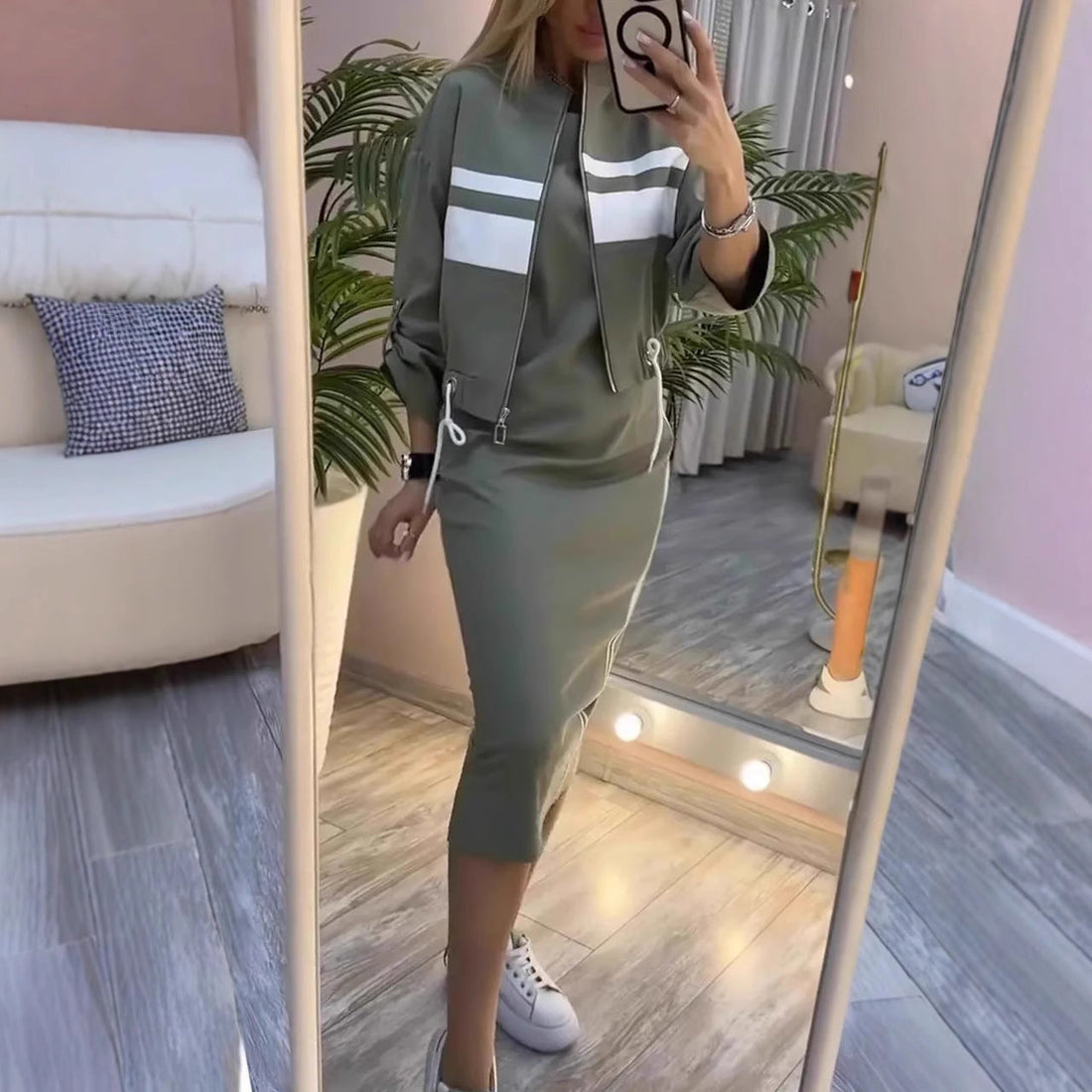 Casual Zipper White Stripe Edge Jacket Coat Dress Women&
