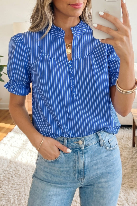 Blue Stripe Ruffled Short Puff Sleeve Button Front Blouse - Loving It Shop