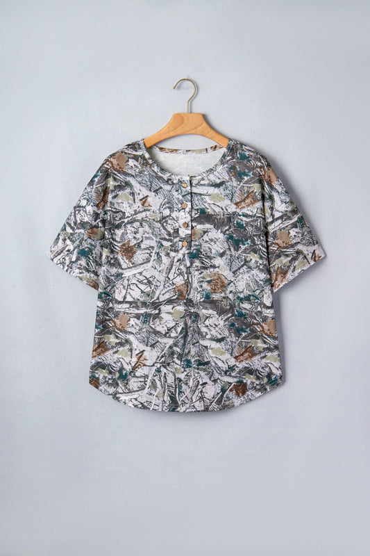 Gray Abstract Woodland Print Tunic Henley T Shirt - Loving It Shop