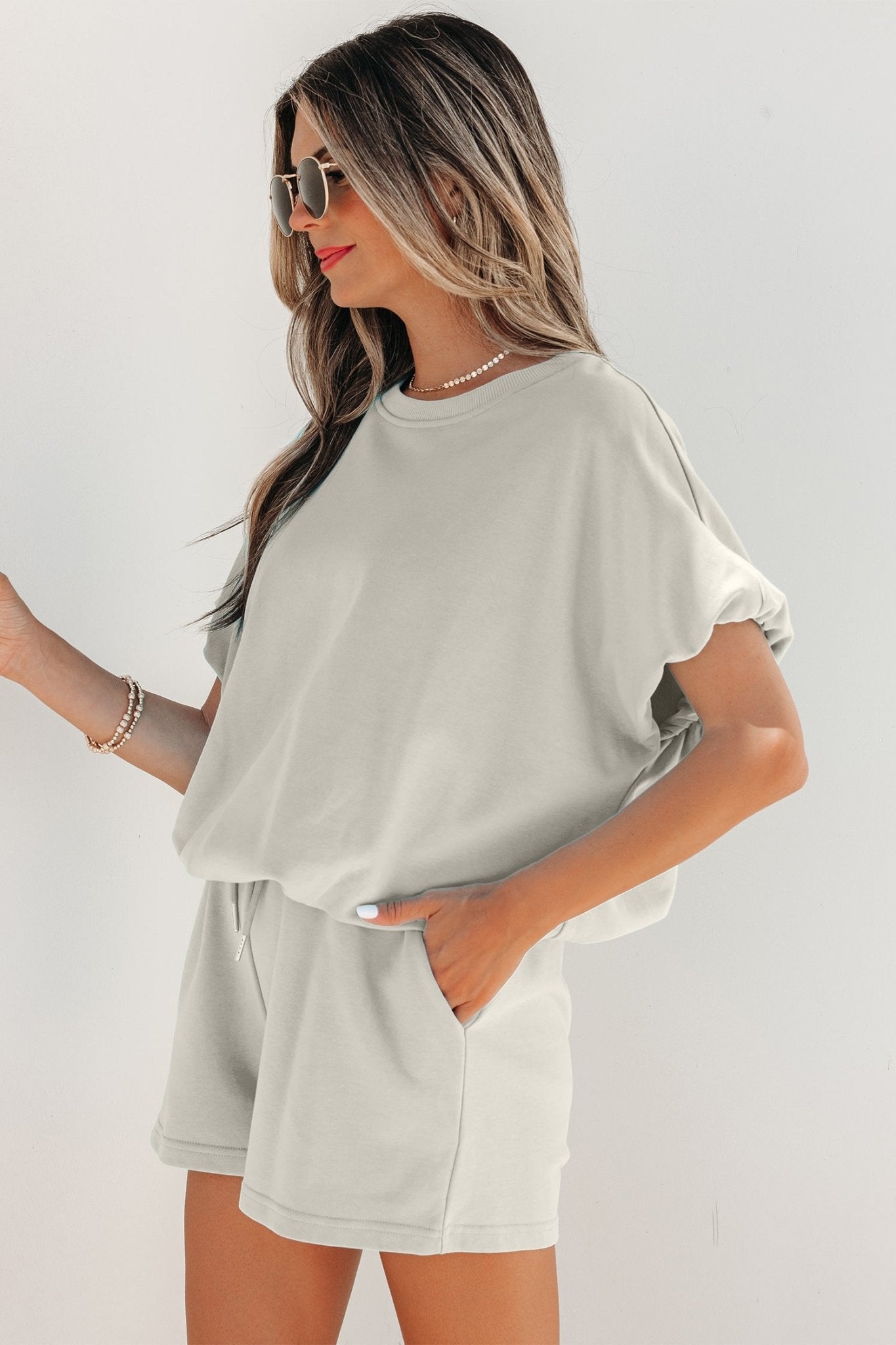 Smoke Gray Solid Color Puffy Loose Top Drawstring Shorts 2pcs Outfit - Loving It Shop