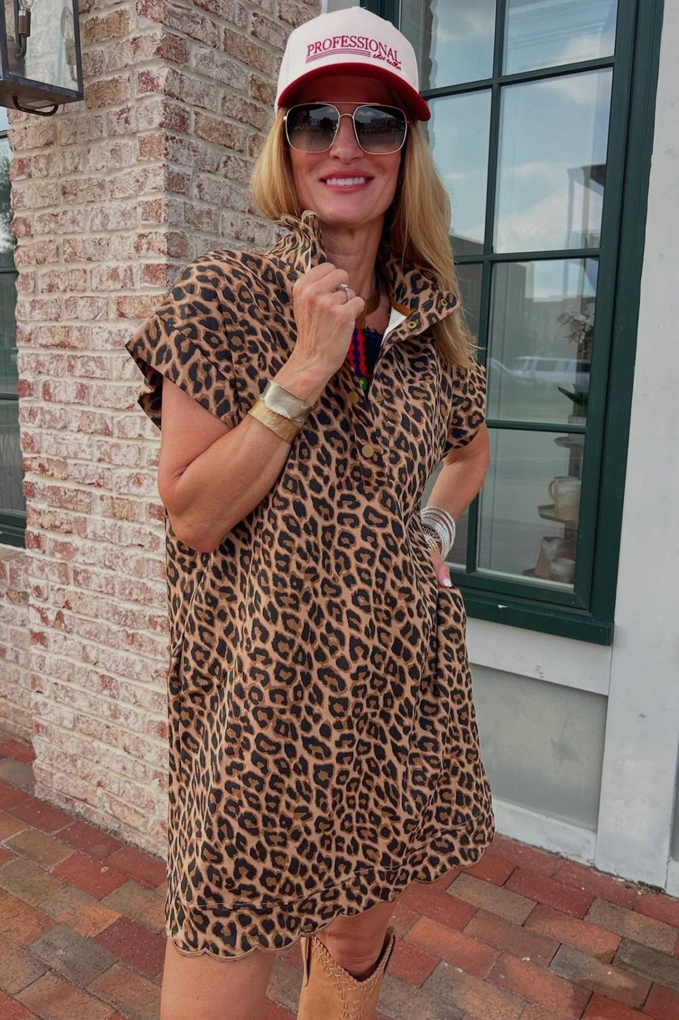 Khaki Buttoned Collar Short Sleeve Shift Leopard Dress with Pockets - Loving It Shop