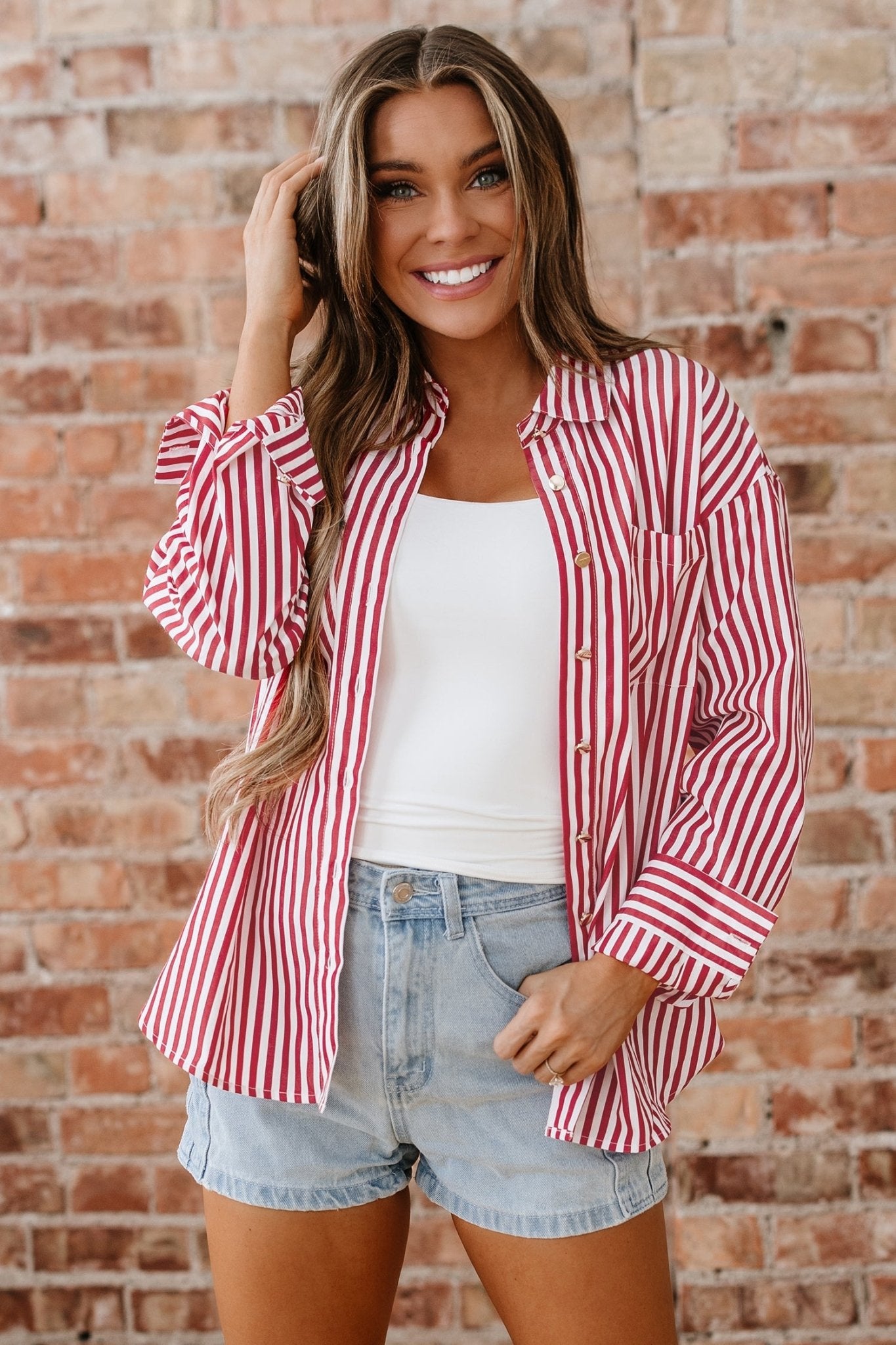 Red Stripe Patched Pocket Side Slit Loose Shirt - Loving It Shop