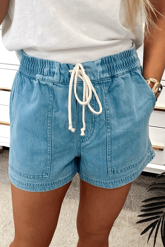 Beau Blue Contrast Drawstring Elastic Waistband Denim Shorts - Loving It Shop