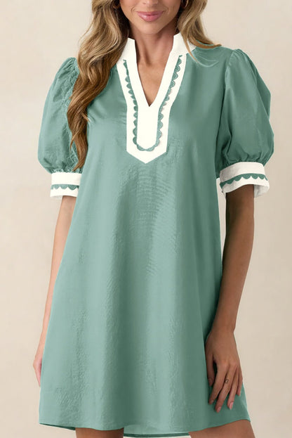 Canton Scallop Color Block Trim Puff Sleeve Mini Dress - Loving It Shop