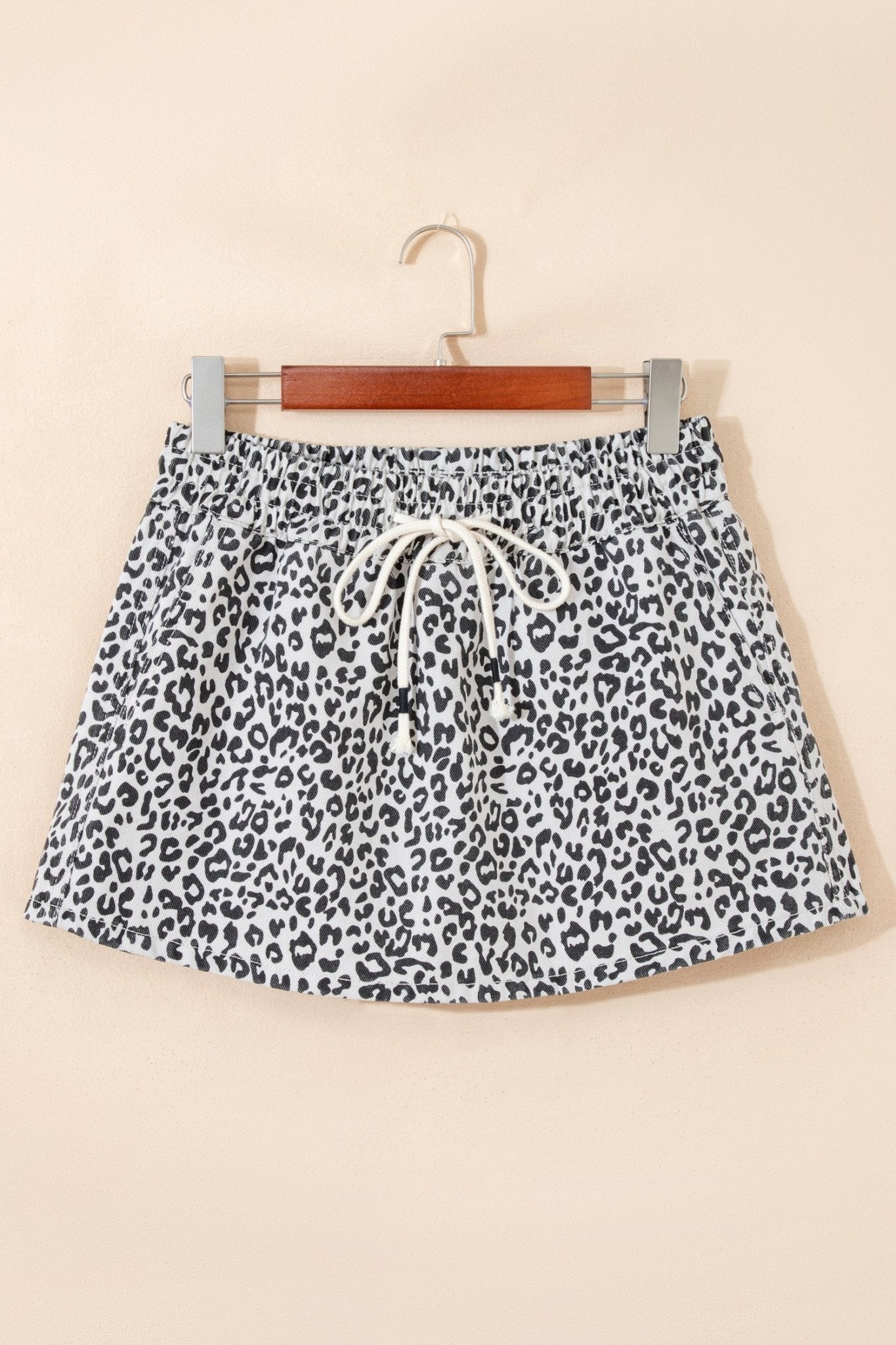 Khaki Leopard Print Tassel Drawstring Casual Denim Skort - Loving It Shop