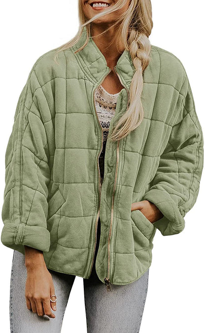 Winter Zip-up Stand Collar Coat With Pockets Fashion Solid Color Plaid Long Sleeved Jacket Women&