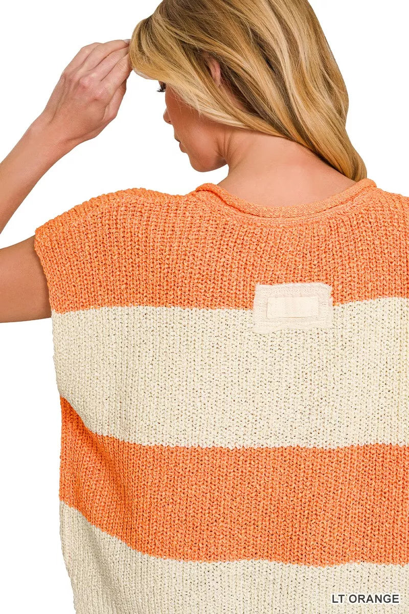 Split Neck Sleeveless Stripe Sweater