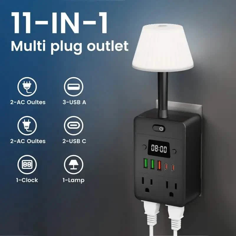 11-in-1 Multifunctional Power Strip with Desk Lamp, Clock, USB Ports &amp; Surge Protection