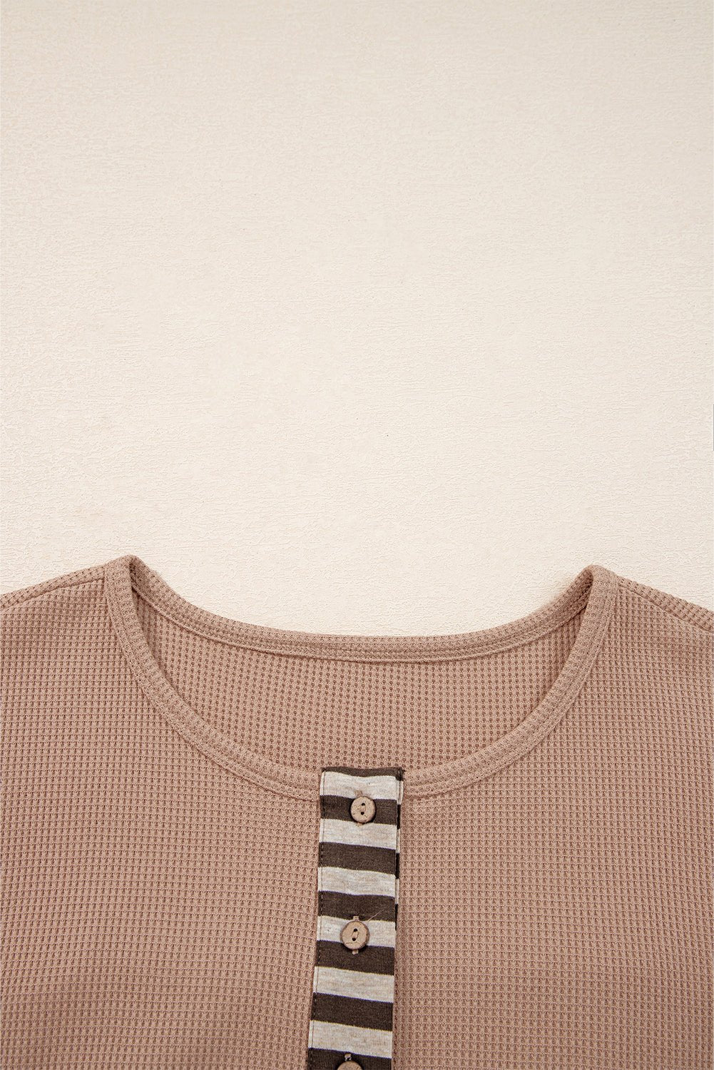 Straw Yellow Waffle Stripe Plaid Patchwork Henley Knit Top - Loving It Shop