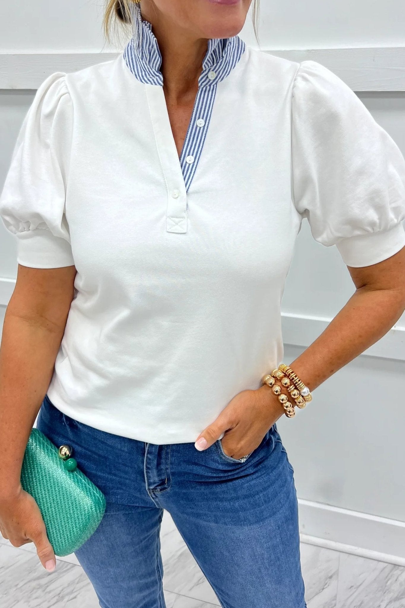 White Striped Frilled Collar Short Sleeve Blouse - Loving It Shop