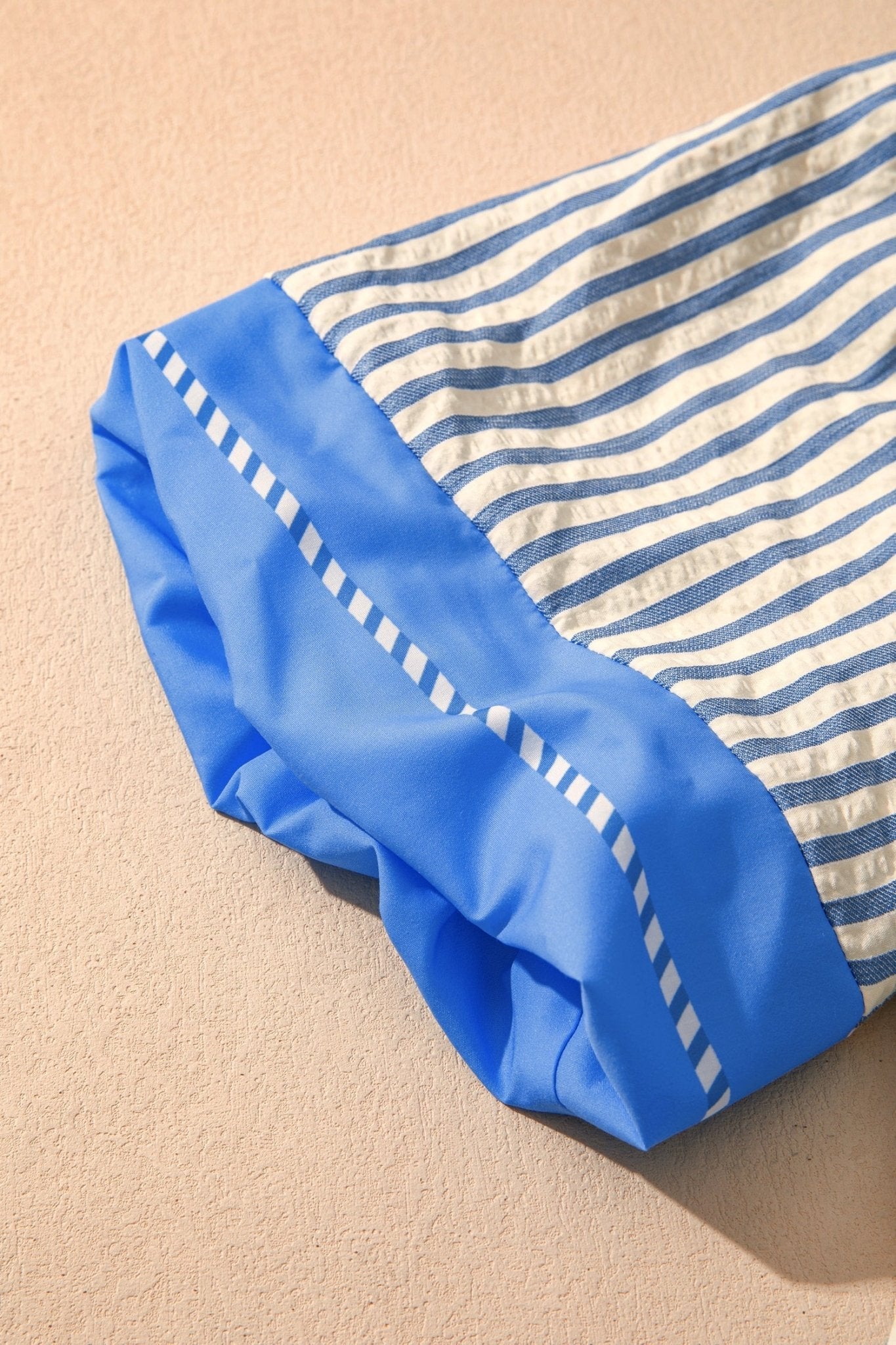 Sky Blue Stripe Color Block Detail V Neck Short Sleeve Blouse - Loving It Shop