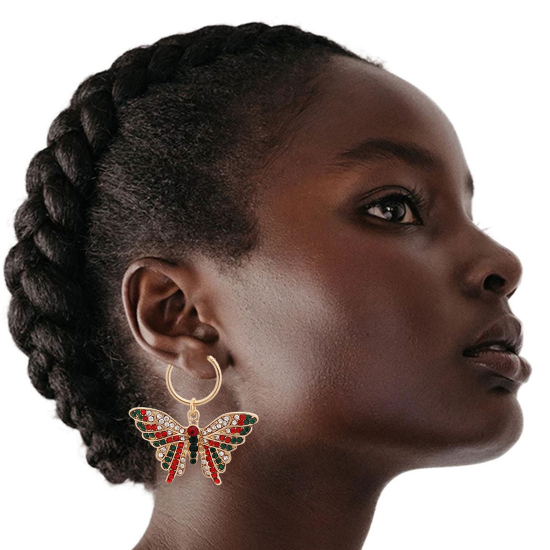 Butterfly Hoop Earrings Red and Green Stylish Statement Jewelry