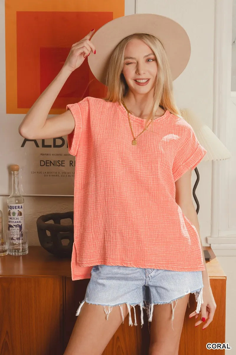 Woven Double Gauze Acid Washed Short Sleeve Top