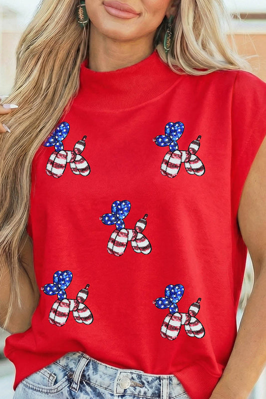 Racing Red Sequin American Flag Balloon Dog High Neck Short Sleeve Top - Loving It Shop