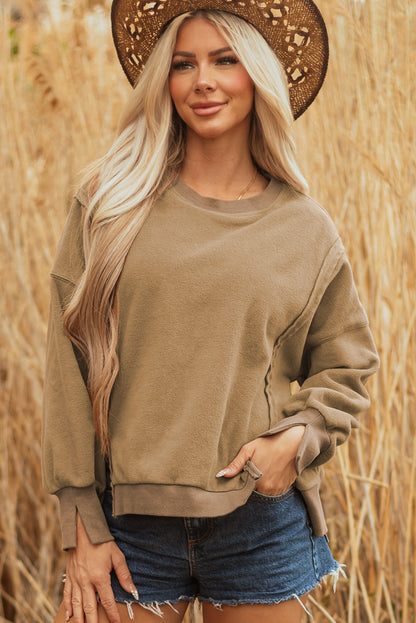 Dark Khaki Fuzzy Sherpa Splicing Pullover Sweatshirt with Side Slit