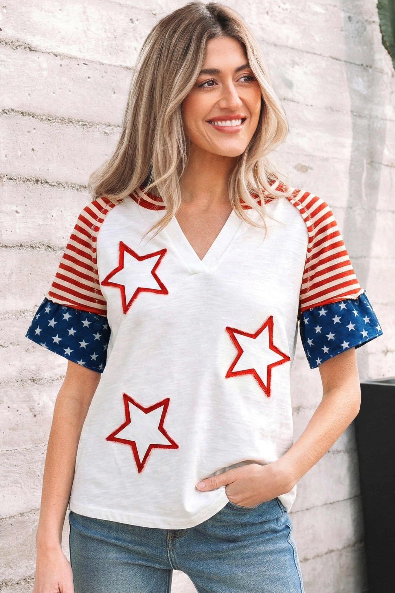 Fiery Red Star Detail Flag Inspired Short Sleeve Top - Loving It Shop