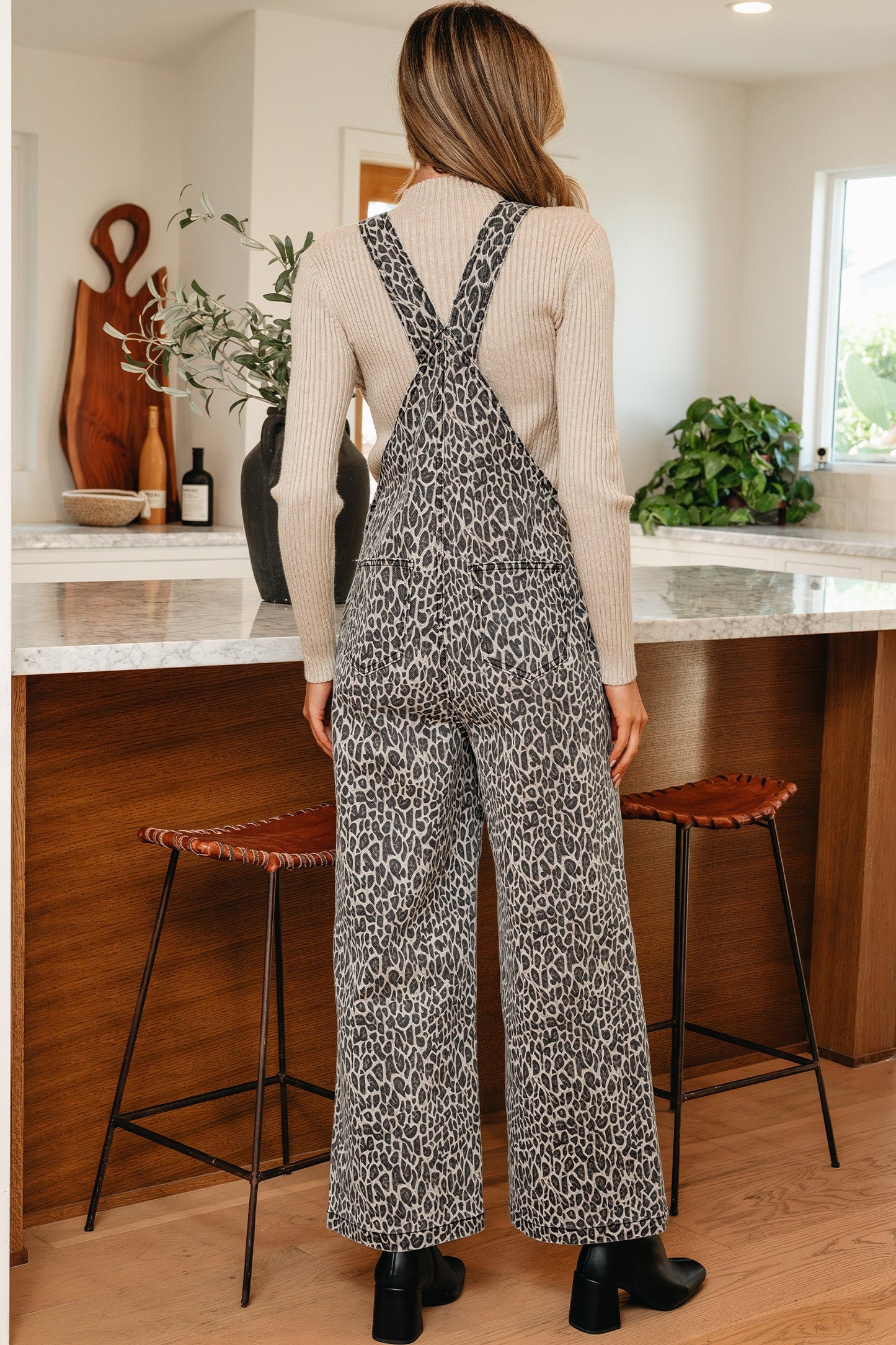 Brown Leopard Print Straight Leg Loose Denim Overall Jumpsuit
