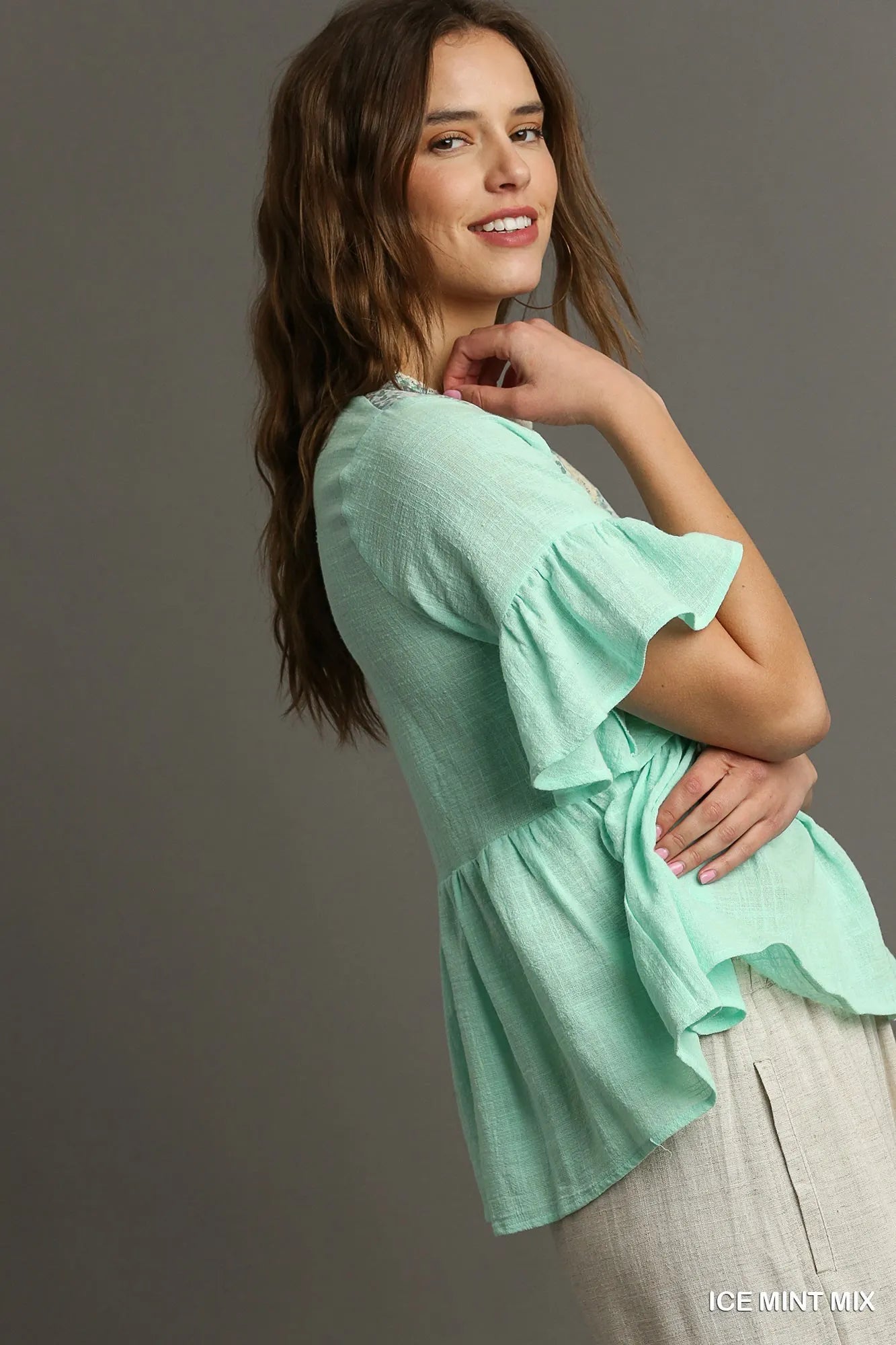 Floral Lace Trimmed Detail Half Sleeve Babydoll Top