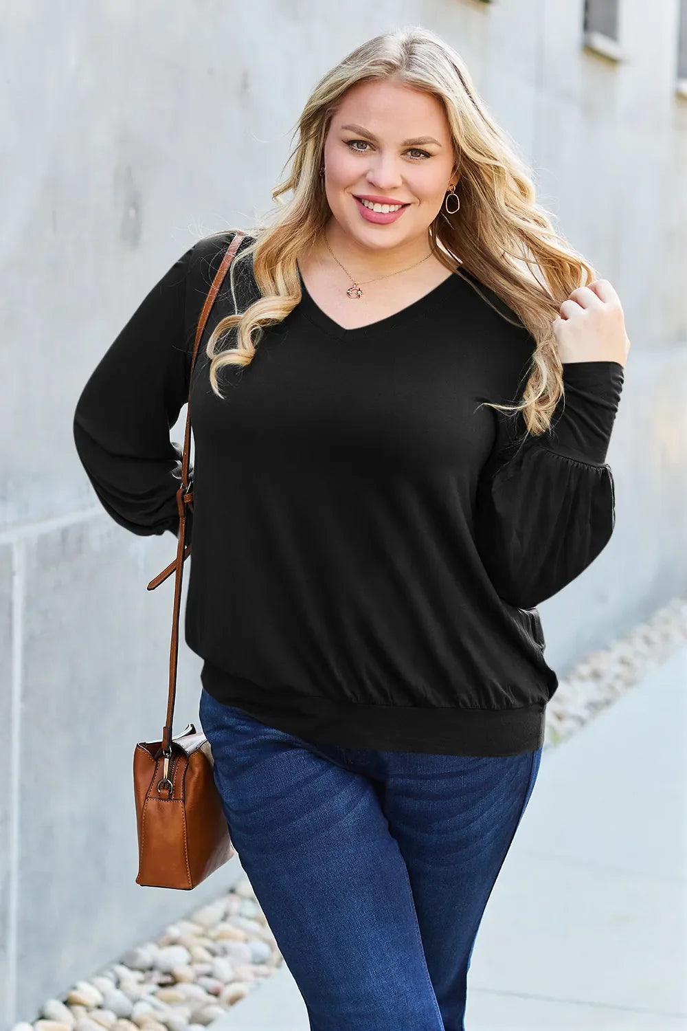 Full Size V-Neck Lantern Sleeve Top