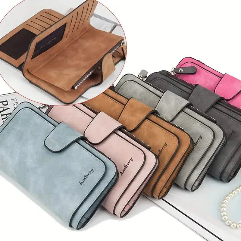 Vintage Faux Leather Long Wallet – Trifold Credit Card Holder with Snap &amp; Zipper