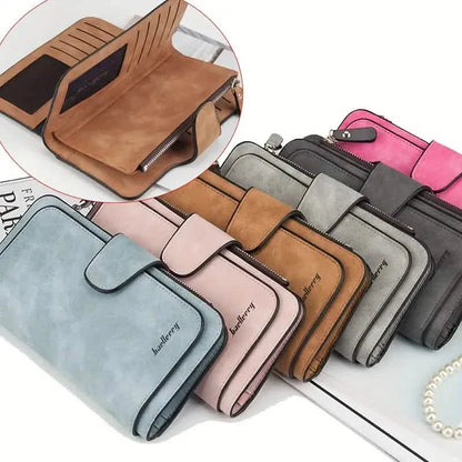 Vintage Faux Leather Long Wallet – Trifold Credit Card Holder with Snap &amp; Zipper