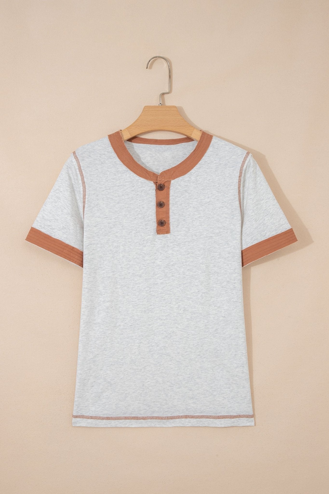 Light Grey Raw Seam Color Block Detail Buttoned Henley Tee - Loving It Shop
