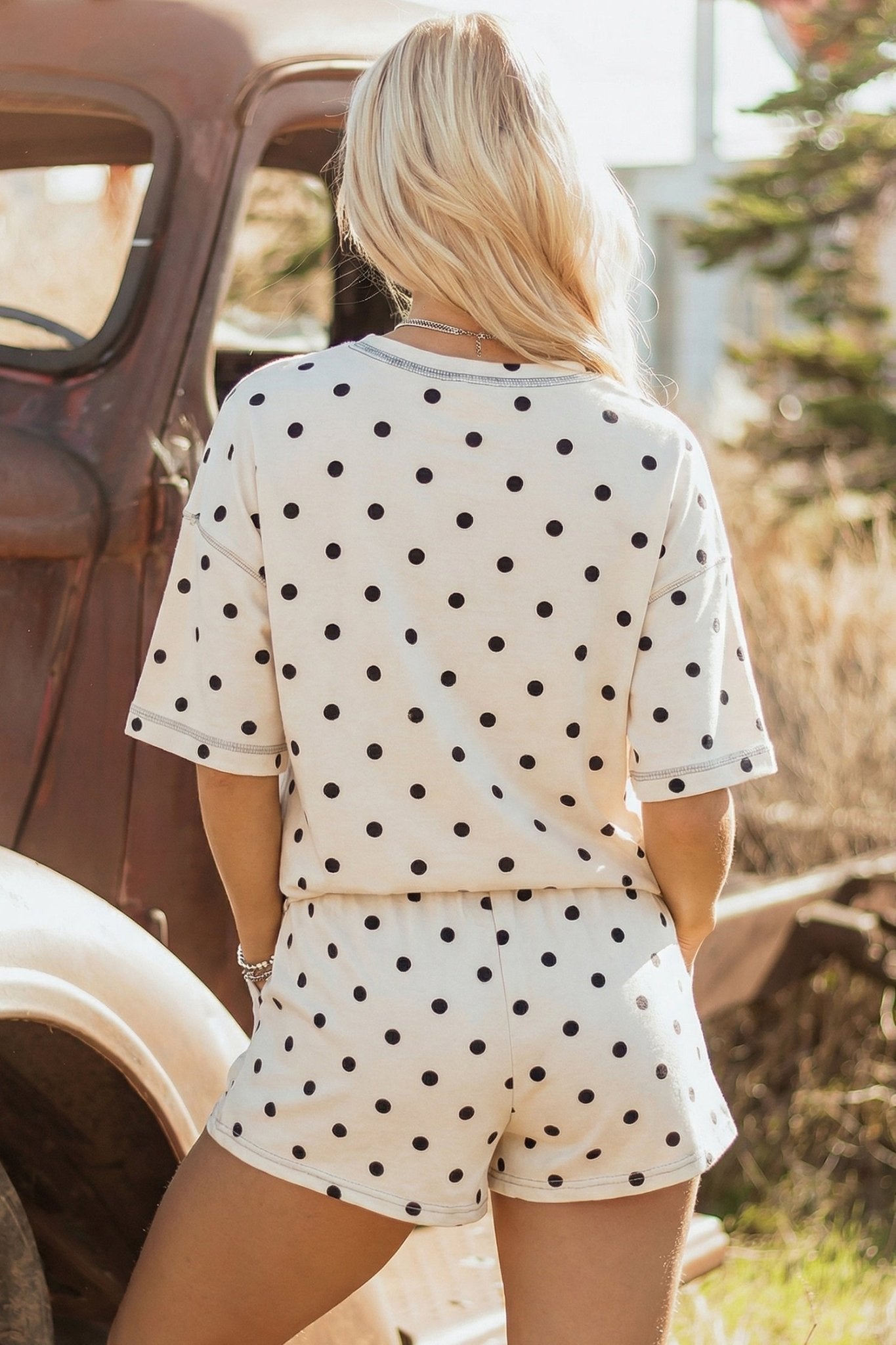 White Exposed Seam Detail Polka Dot Loose Tee Drawstring Shorts Set - Loving It Shop