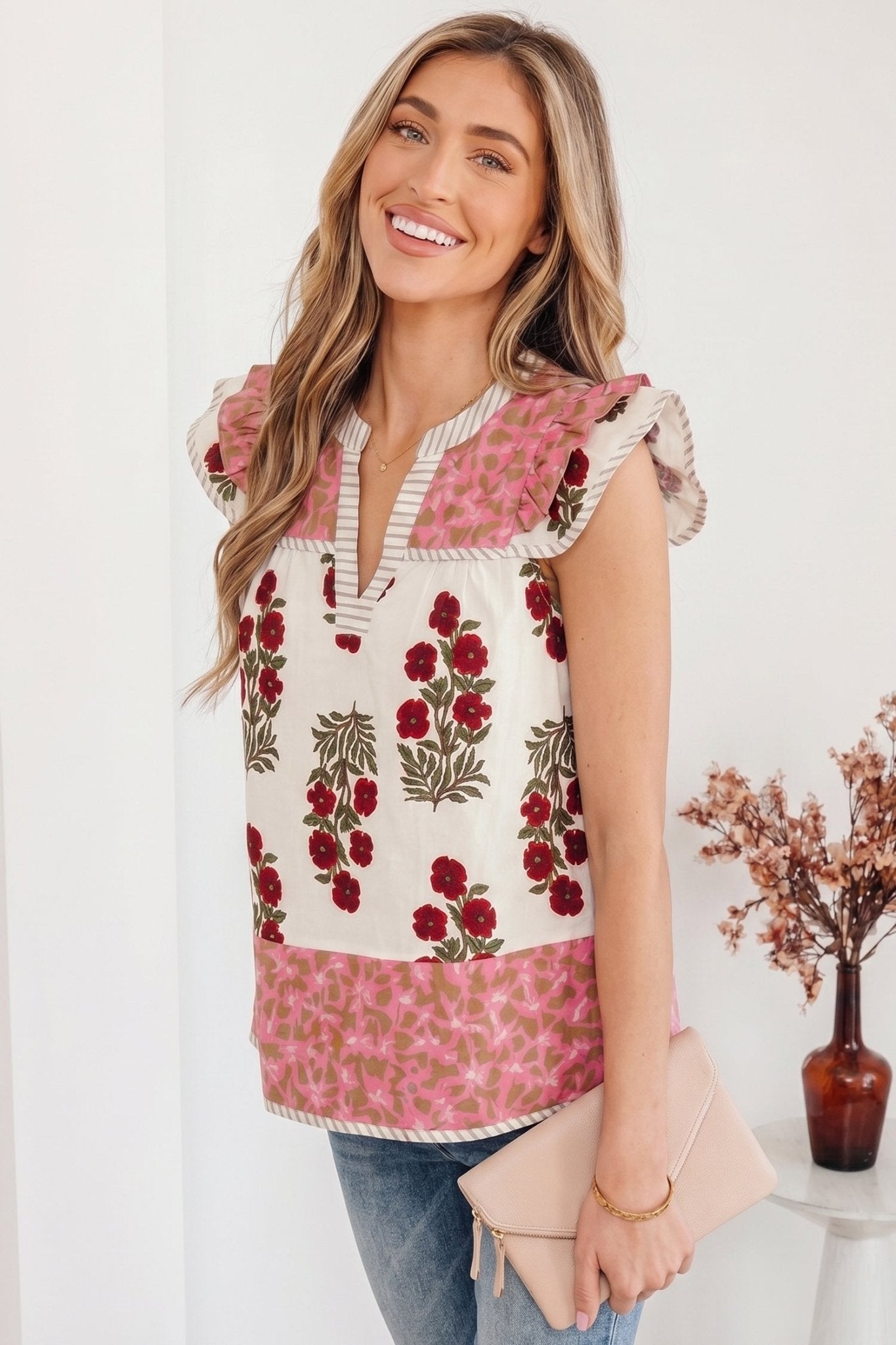 White Floral Print Contrast Striped Trim Flutter Cotton Blouse - Loving It Shop