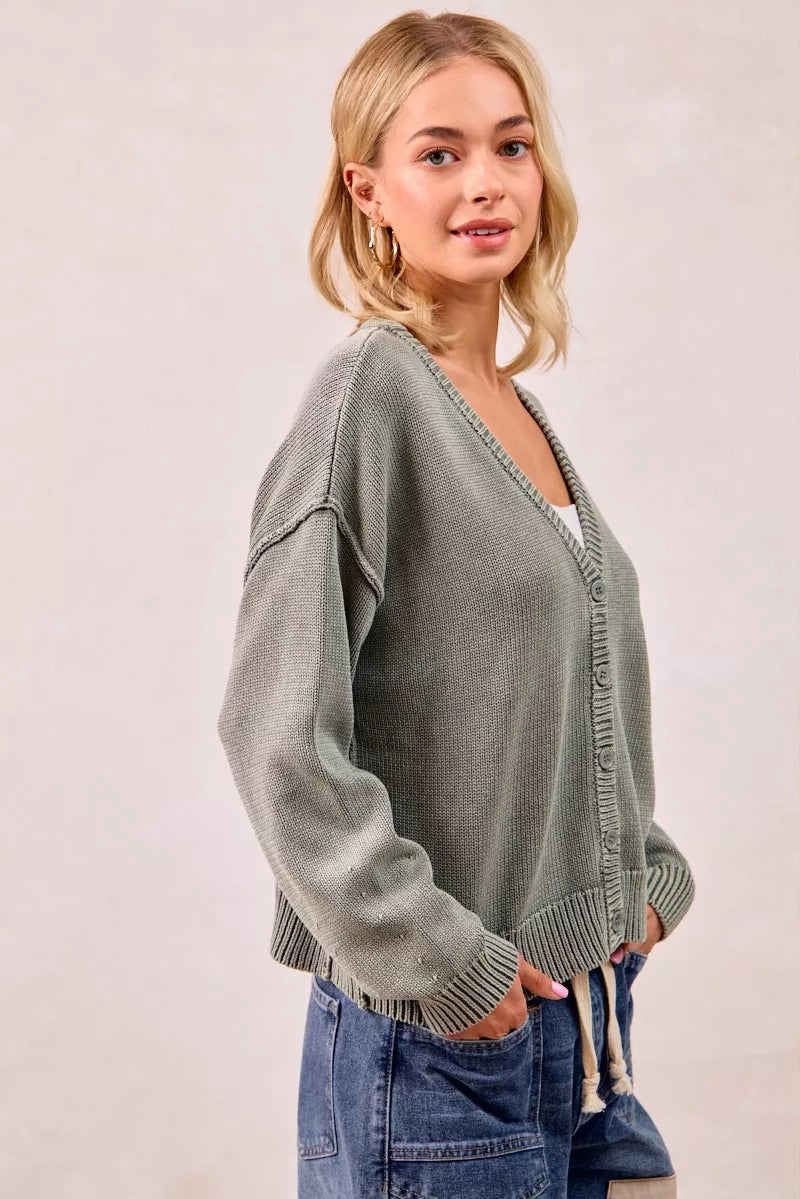 Washed Sweater V Neck Cardigan