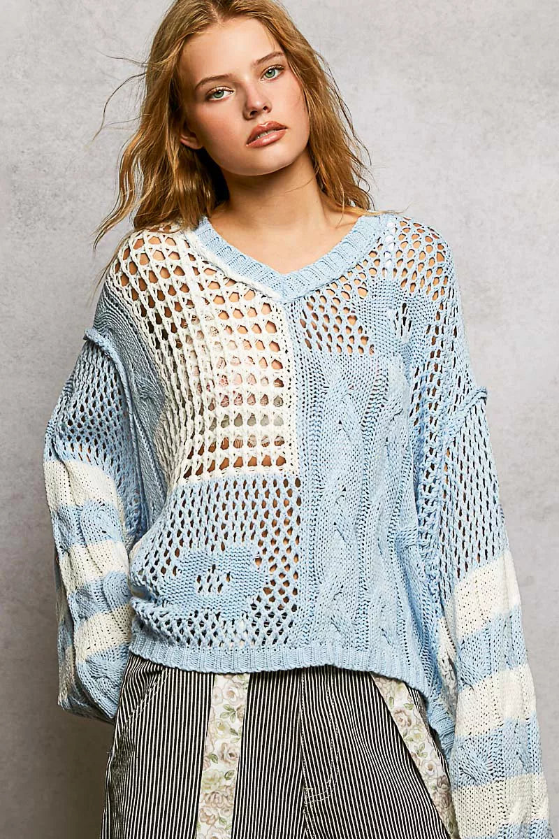 Color-Blocked Stripe Pattern Knit Top with Twisted Weave