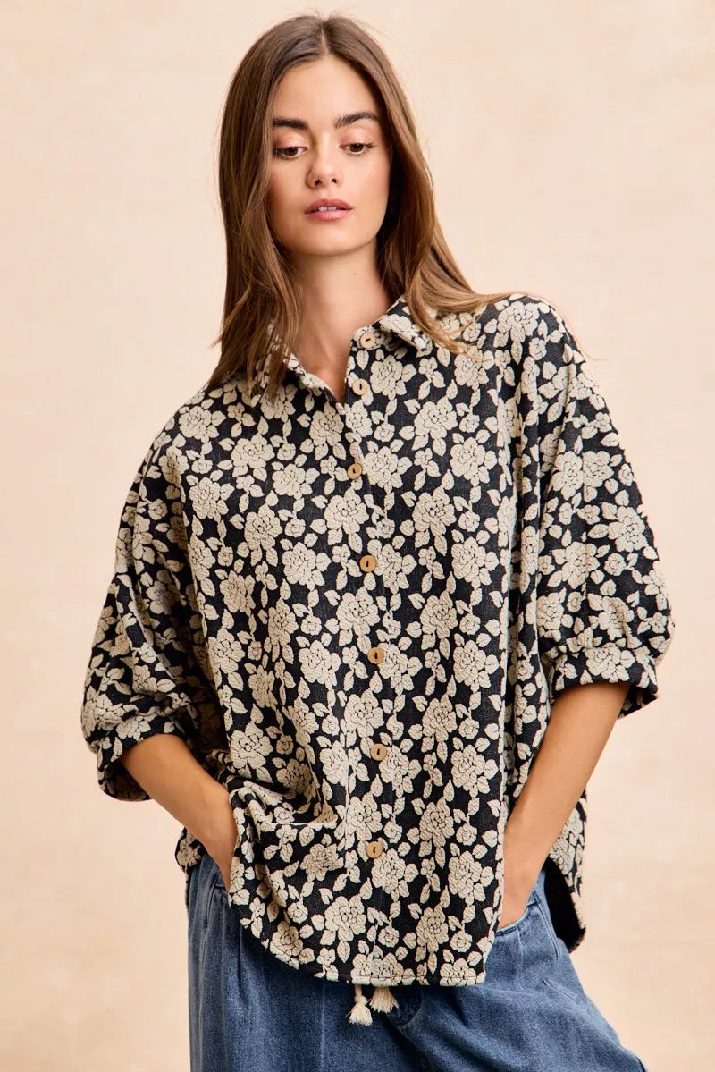 Floral Jacquard Short Dolman Sleeves Shirt