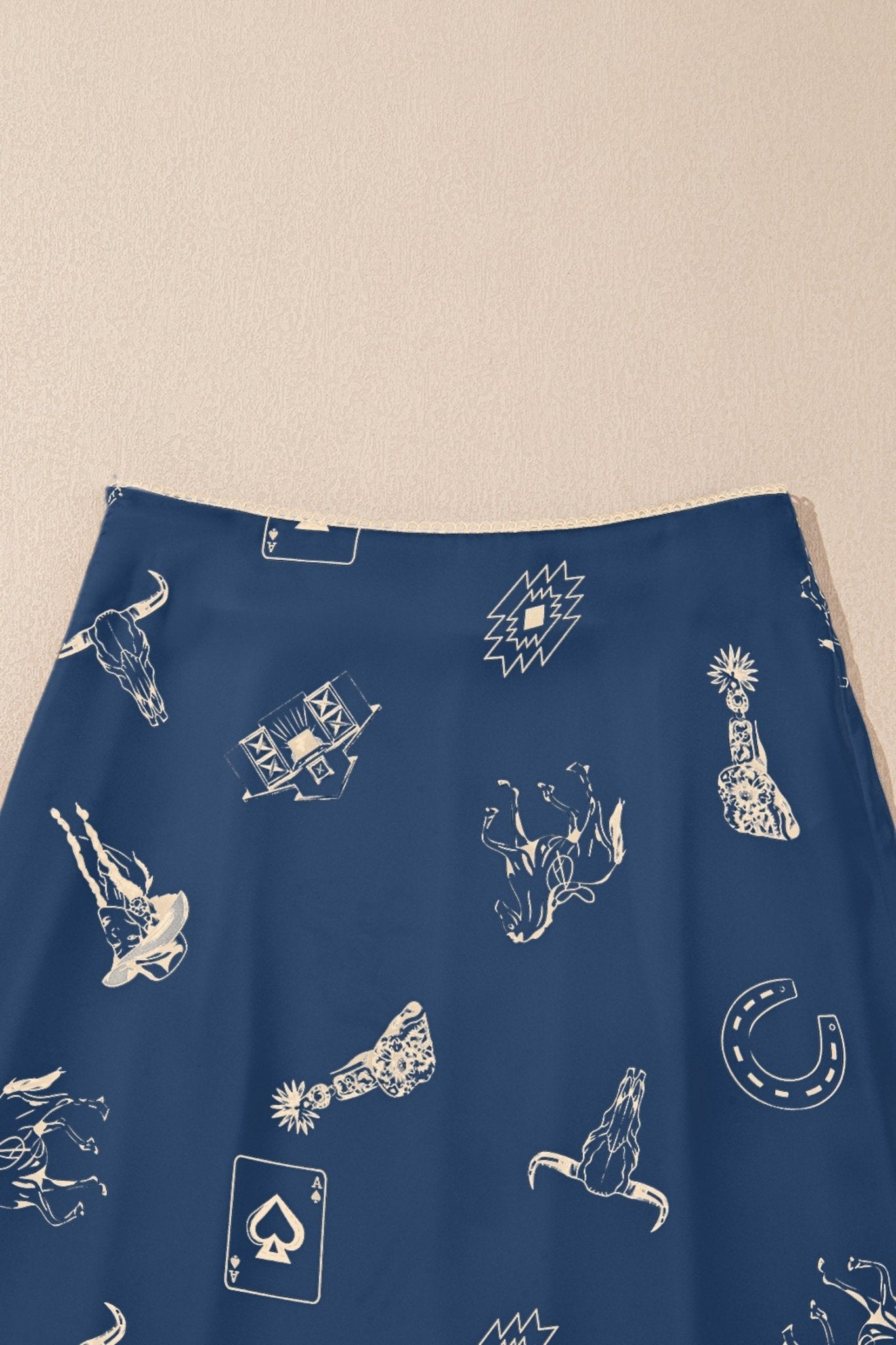 Navy Blue Western Print Satin Long Skirt - Loving It Shop