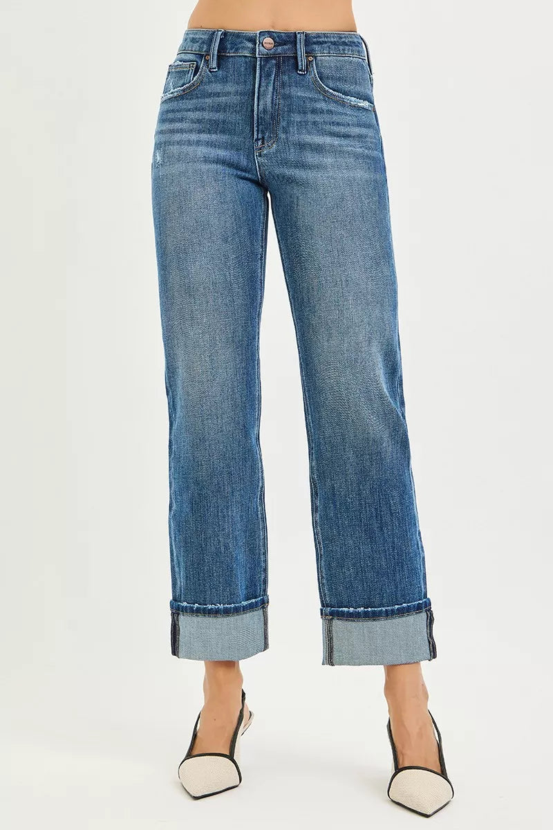 Full Size 4 Way Stretch Slouchy Straight Jeans with Cuffed Hem Plus Size