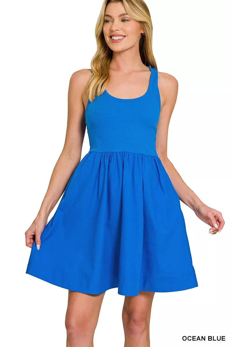 Combined Knit &amp; Woven Midi Dress