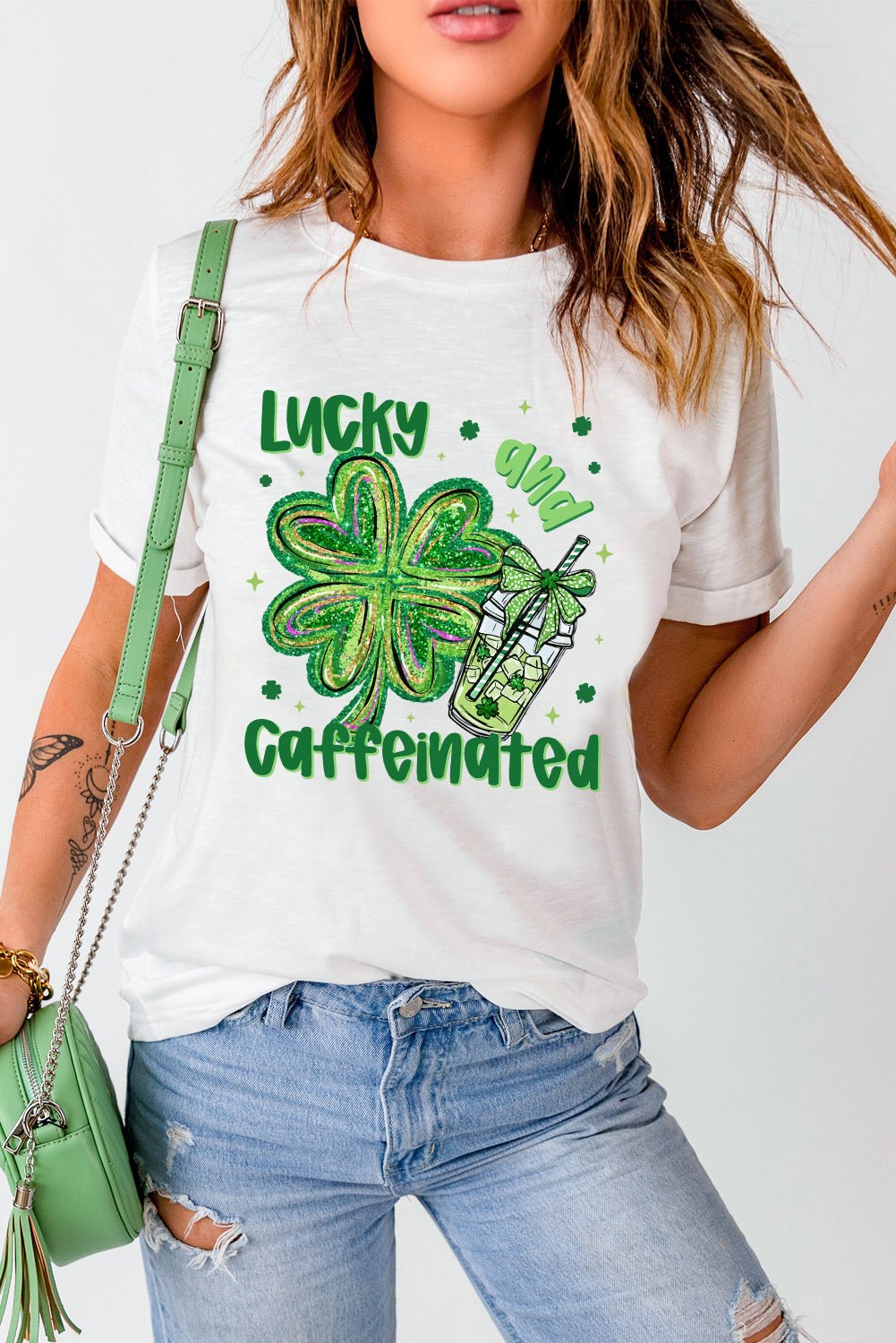 White Lucky and Caffeinated Clover Graphic St Patrick Tee - Loving It Shop