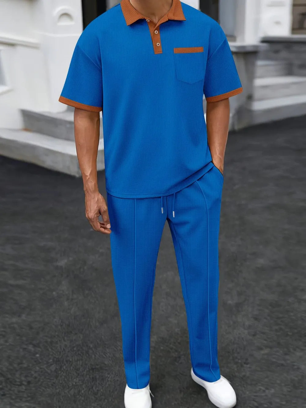 Men's Full Size Waffle-Knit Contrast Polo and Pants Set Plus Size