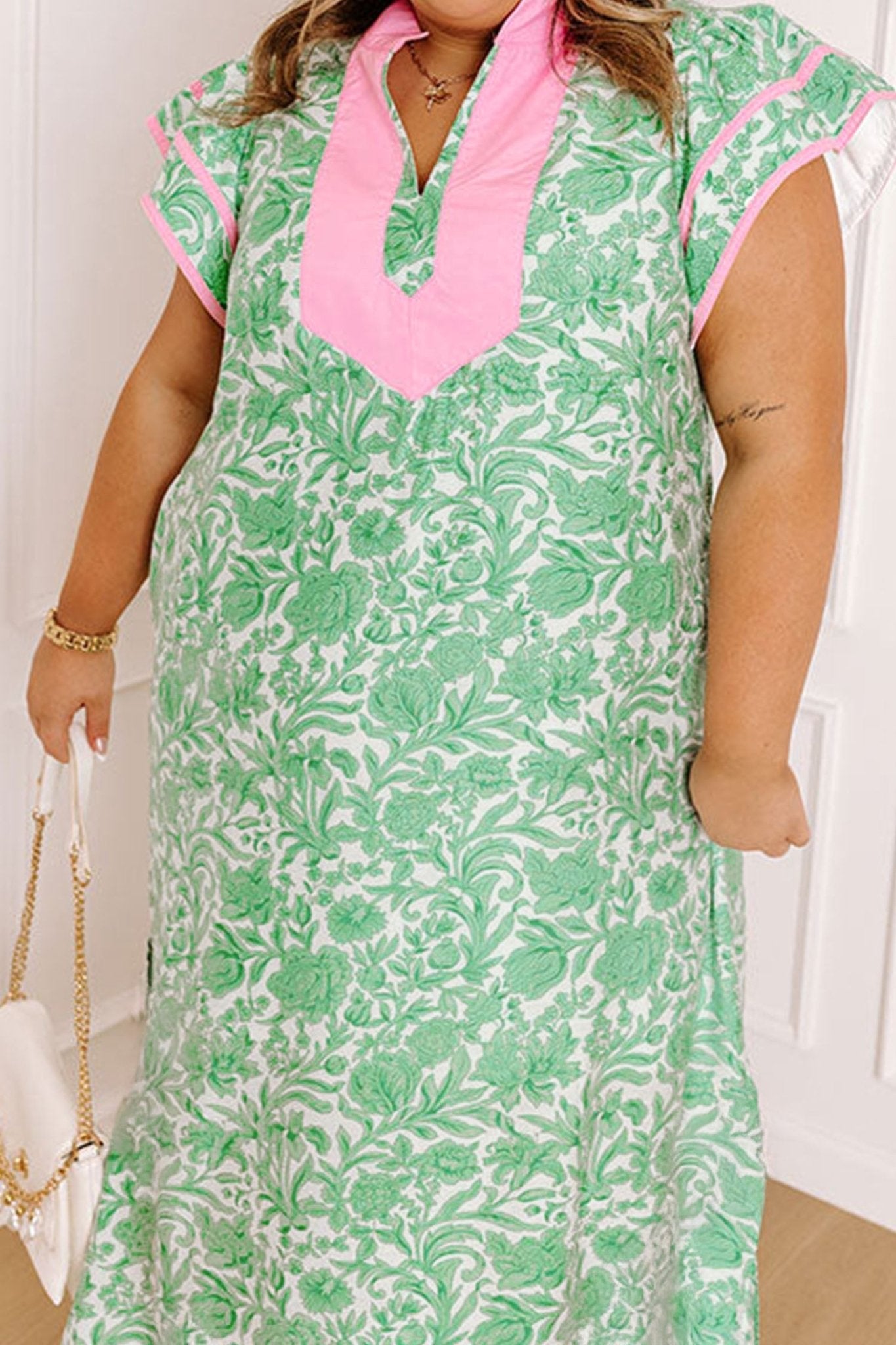 Green Plus Size Contrast Trim Flutter Sleeve Floral Kaftan Maxi Dress - Loving It Shop
