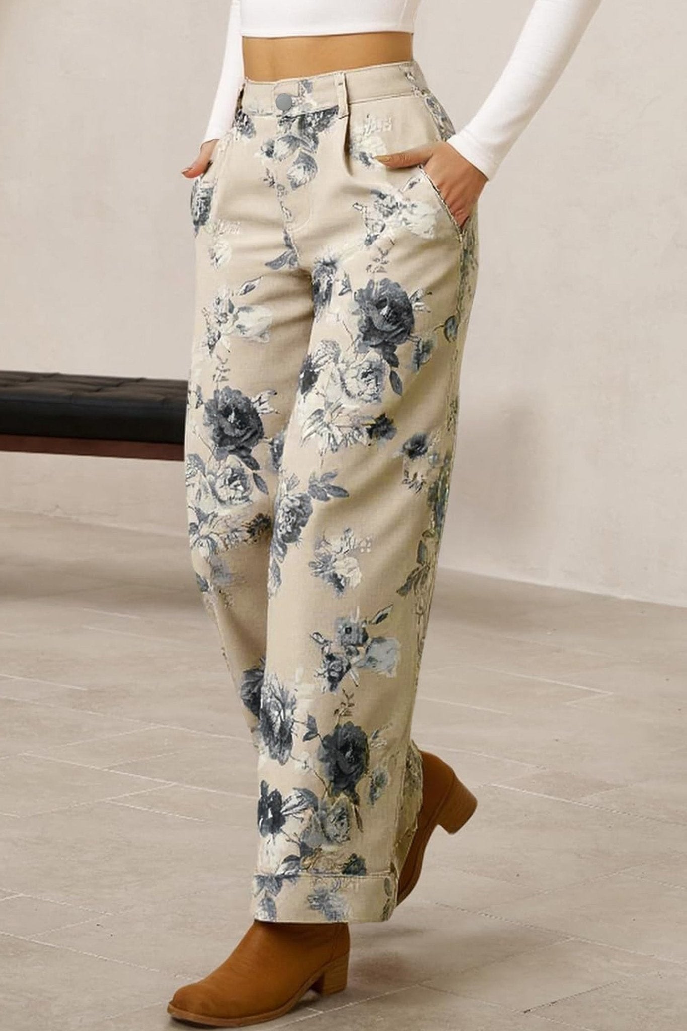 Beige Retro Floral Print Turn - up Cuffed Hem Loose Jeans - Loving It Shop