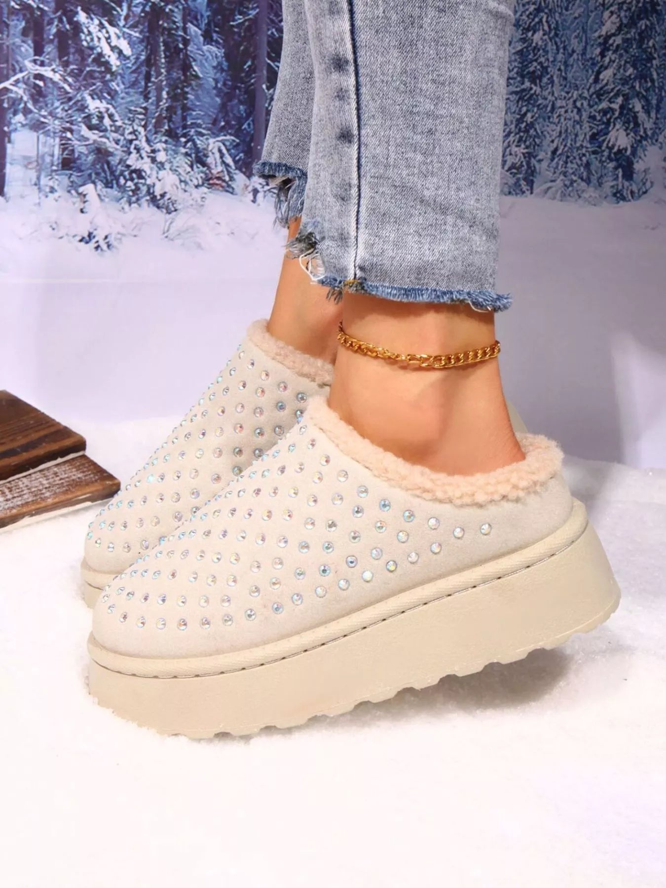 Rhinestone Round Toe Platform Slippers - Loving It Shop
