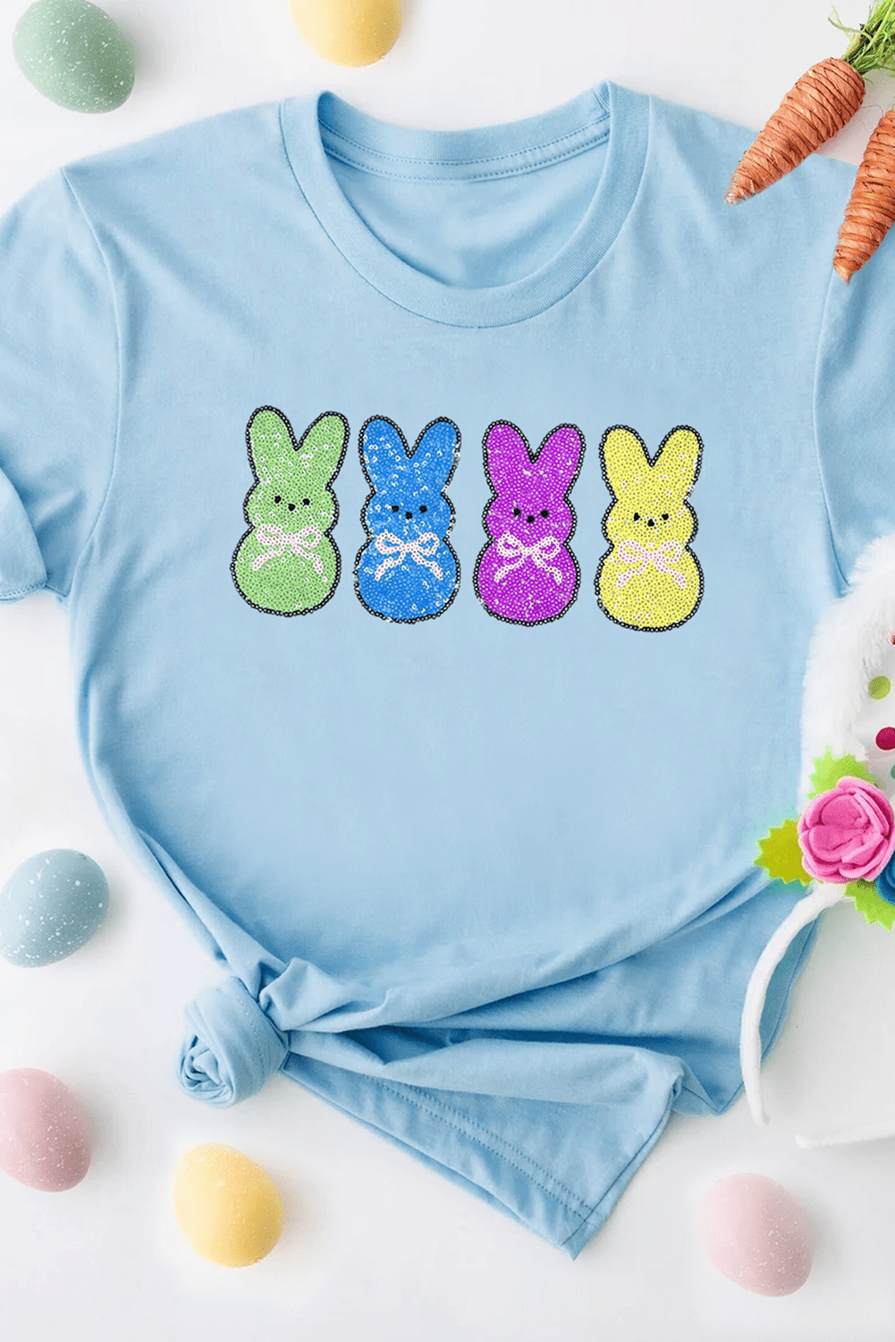 Light Blue Sequin Bunny Doll Graphic Casual T Shirt - Loving It Shop