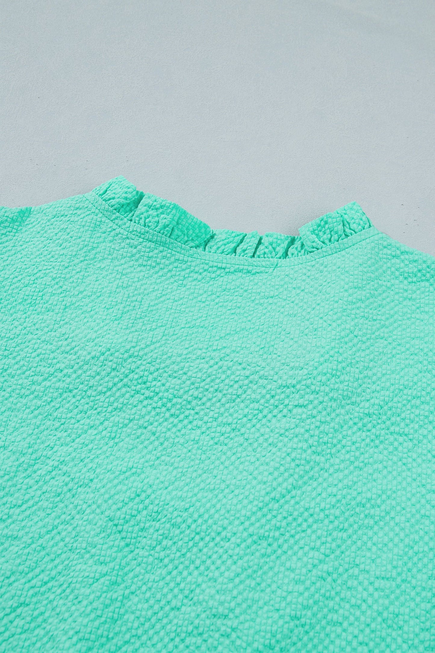 Mint Green Frilled V Neck Flower Embroidered Puff Sleeve Textured Blouse