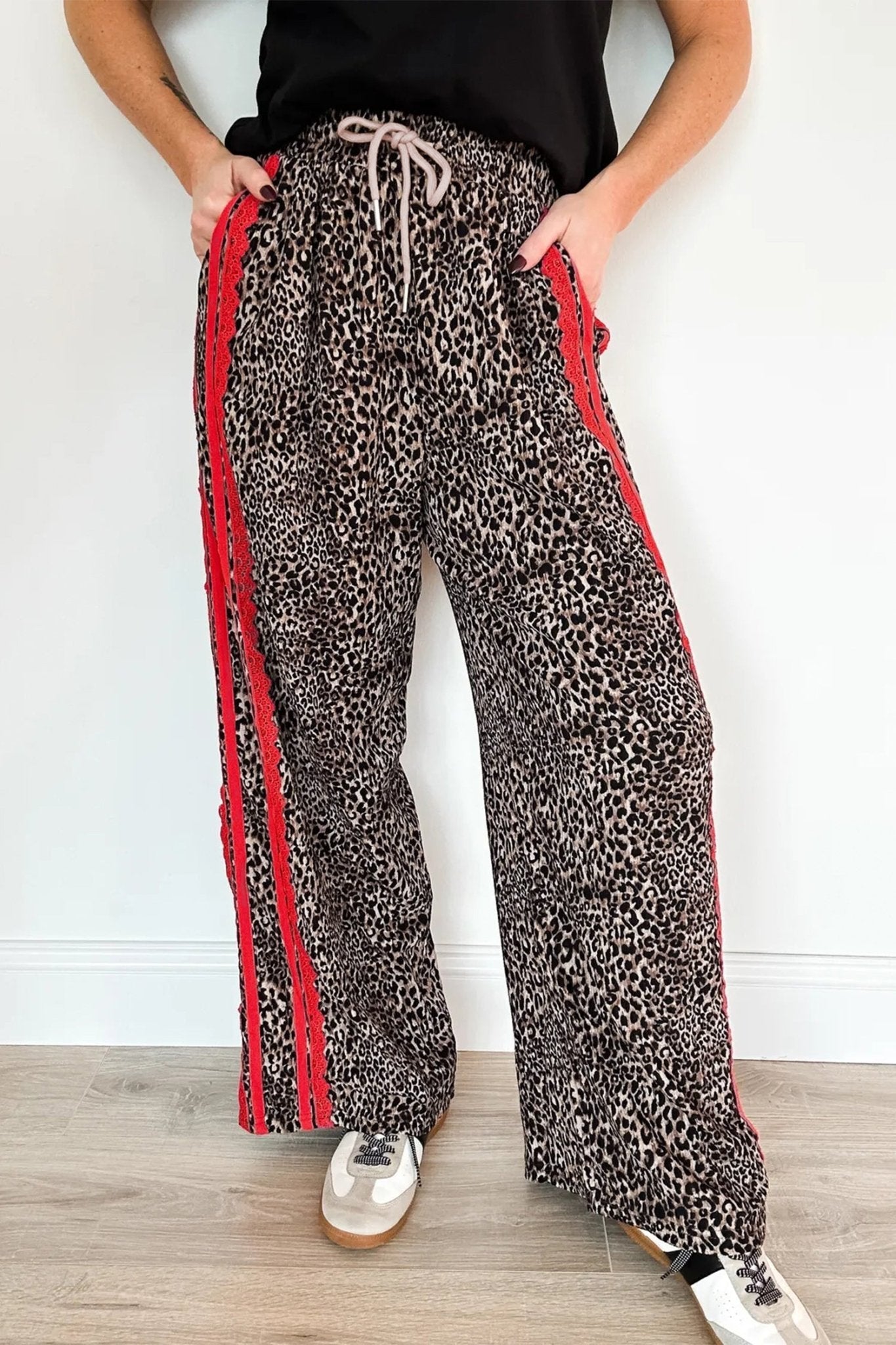 Brown Wild Leopard Print Contrast Lace Striped Detail Drawstring Pants - Loving It Shop