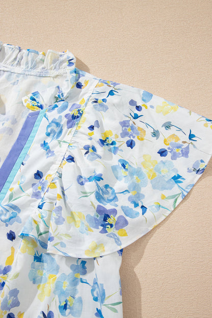 Sky Blue Floral Print Frilled Notched V Neck Blouse