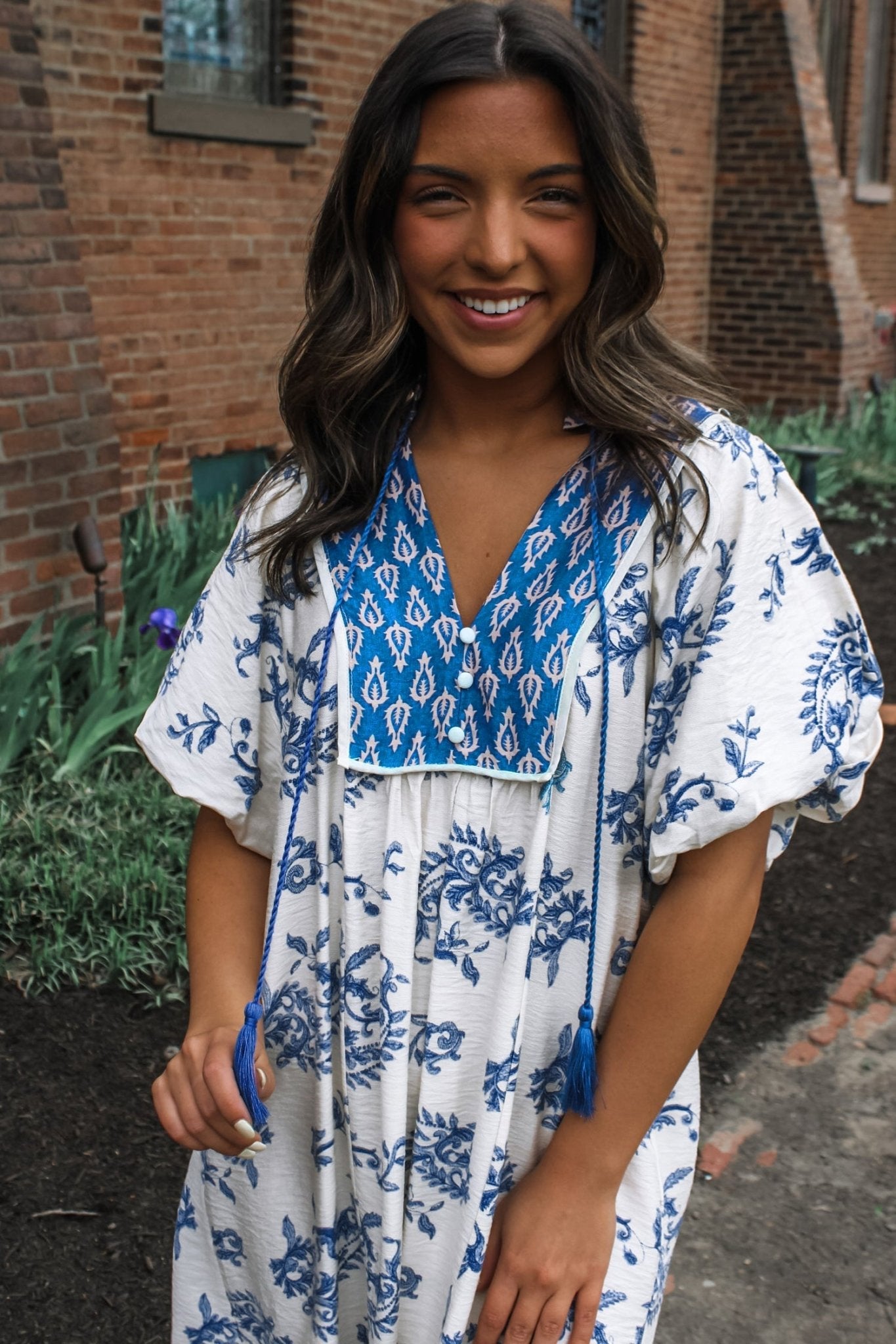 Sky Blue Boho Abstract Print Contrast Trim V Neck Tassel Tie Dress - Loving It Shop