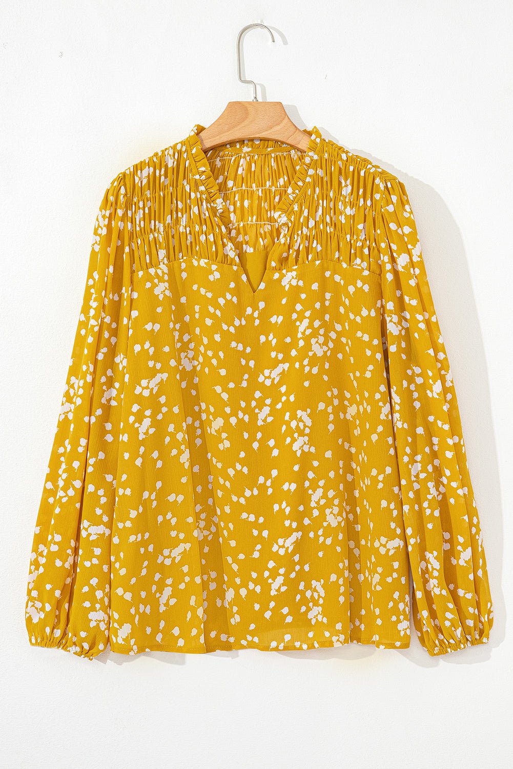 Yellow Plus Size Floral Print Ruched Split Neck Blouse - Loving It Shop